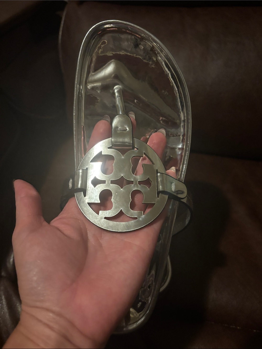 Tory Burch Metallic Silver Logo Thong Sandals - Picture 9 of 10